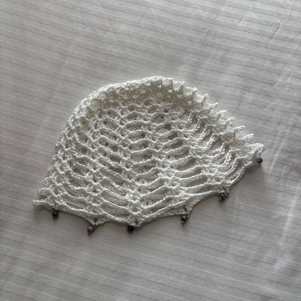 Handmade White Crochet Beaded Skull Cap